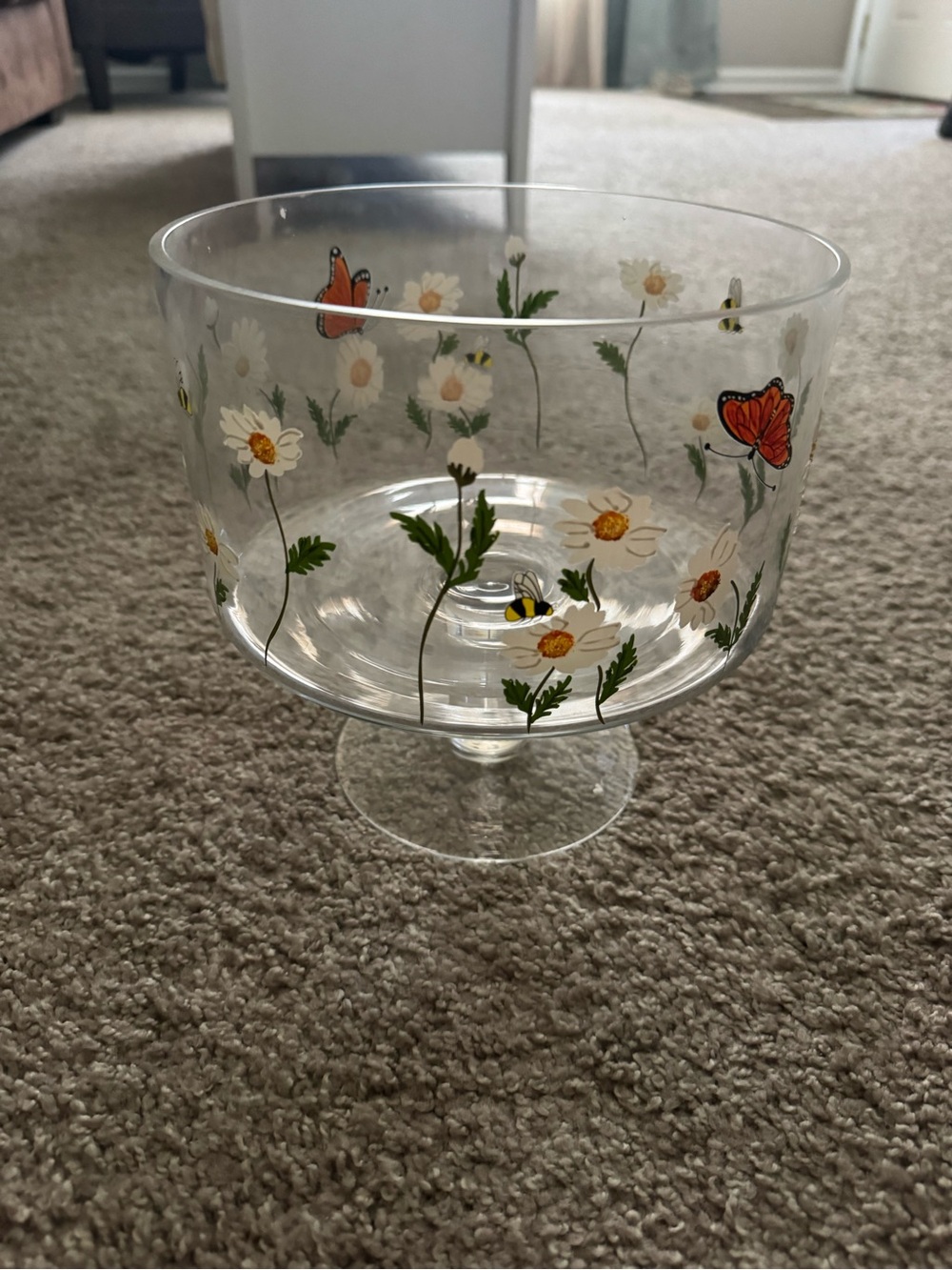 Hand-Painted Glass Pedestal Bowl with Daisies, Bees & Butterflies